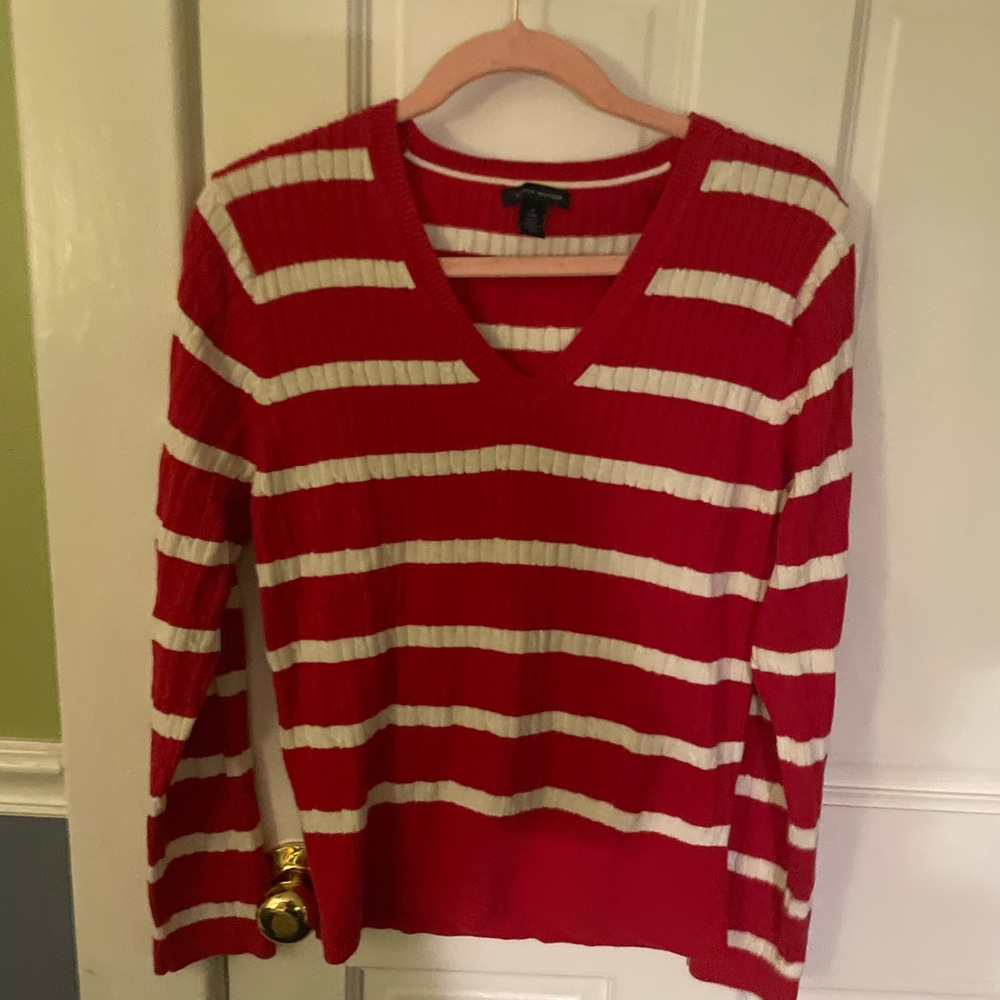 Red and White Striped V-Neck Sweater